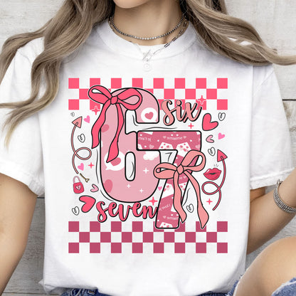 Coquette Valentine 67 Six Seven Sweatshirt, Preppy Heart Bow Valentine Shirt, Cute Pink Red Checkered Hearts Tee 683926