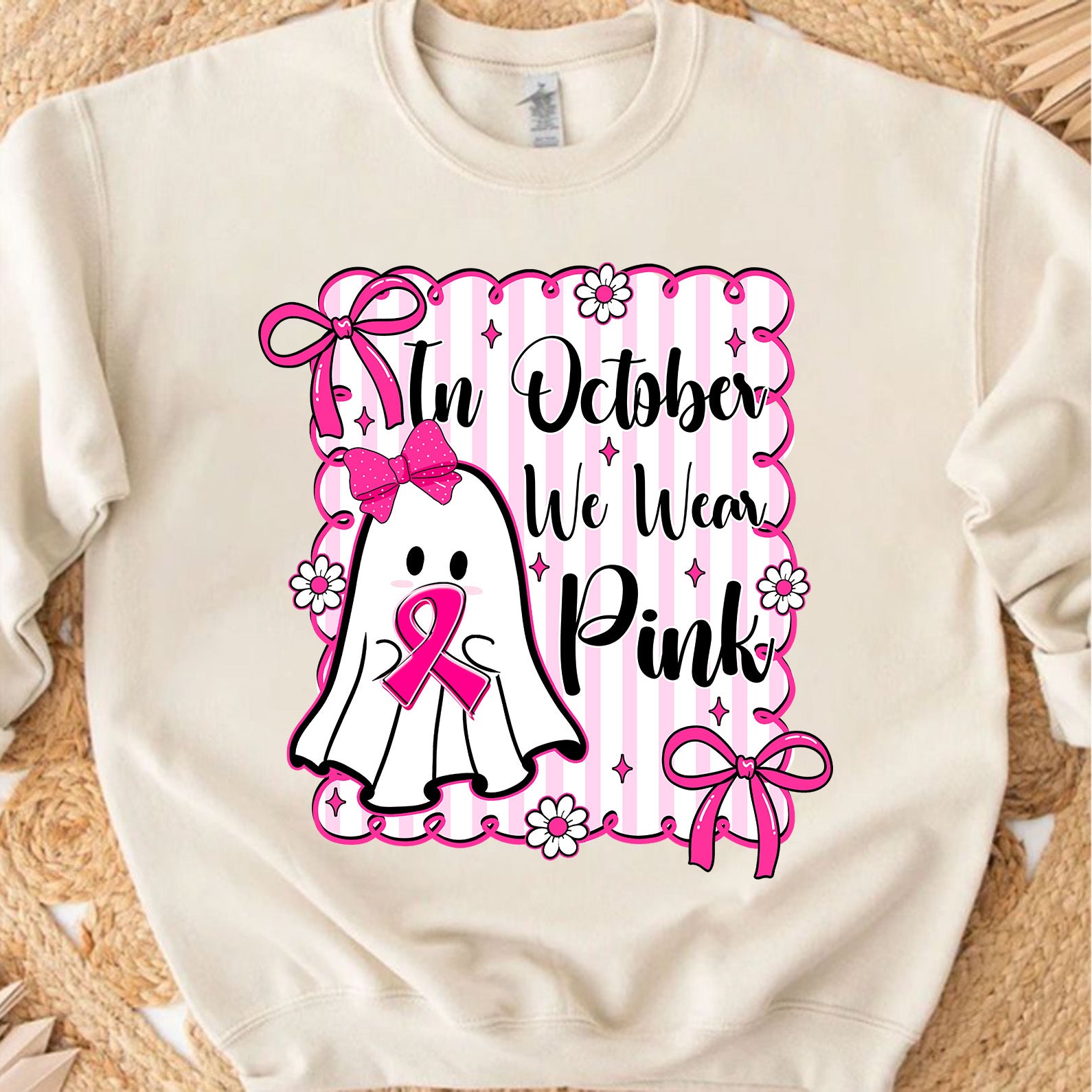October We Wear Pink Breast Cancer Awareness Shirt | Cute Ghost Pink Ribbon T-Shirt | Halloween Pink Out Tee 683314-3