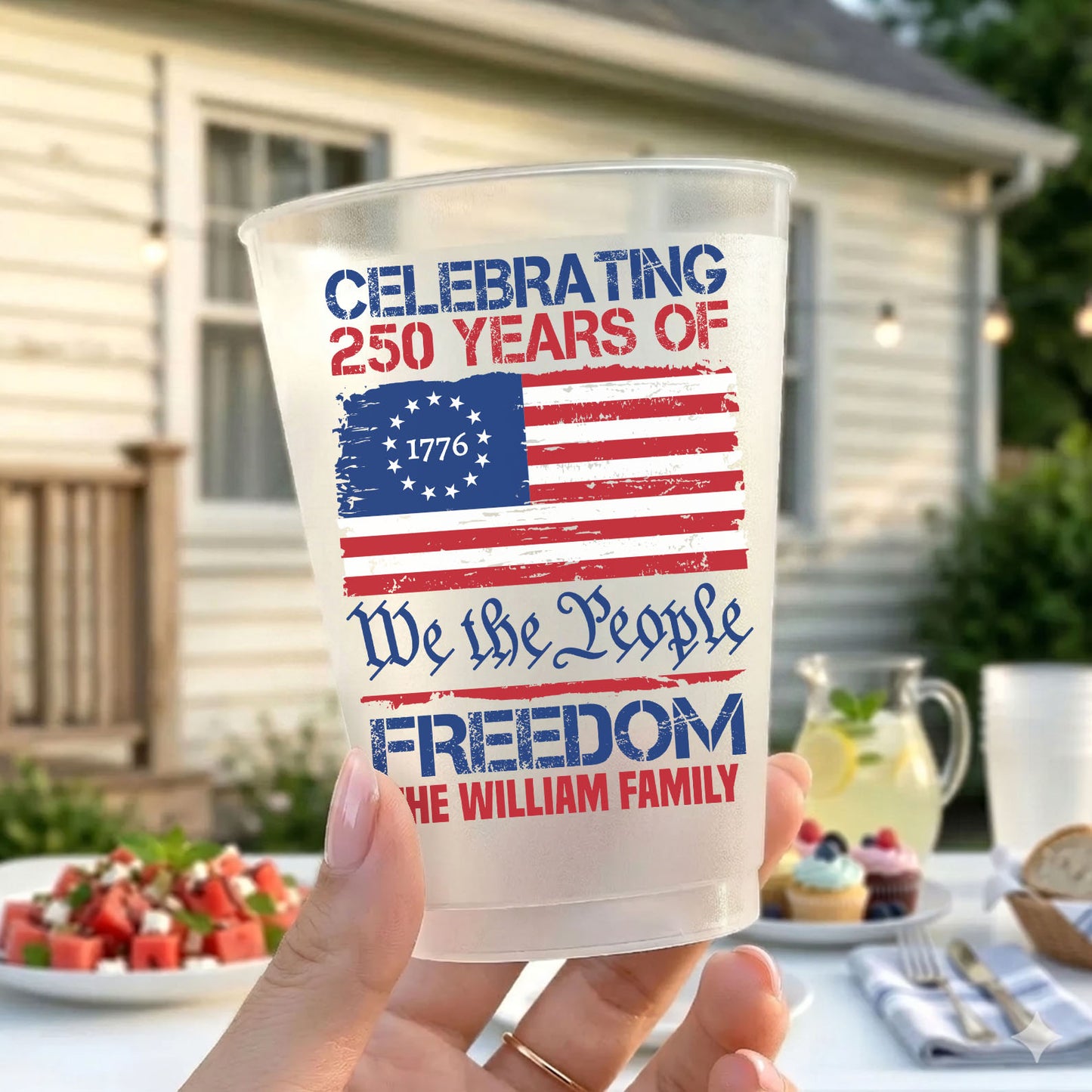 Personalized USA 250 Years Frosted Cups, Custom Family Name Cups, 4th of July 1776–2026 Party Cups 684888