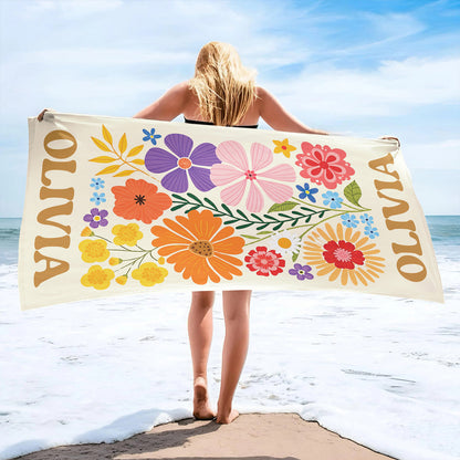 Personalized Retro Flower Beach Towel, Custom Floral Beach Towel, Summer Pool Towel 684957