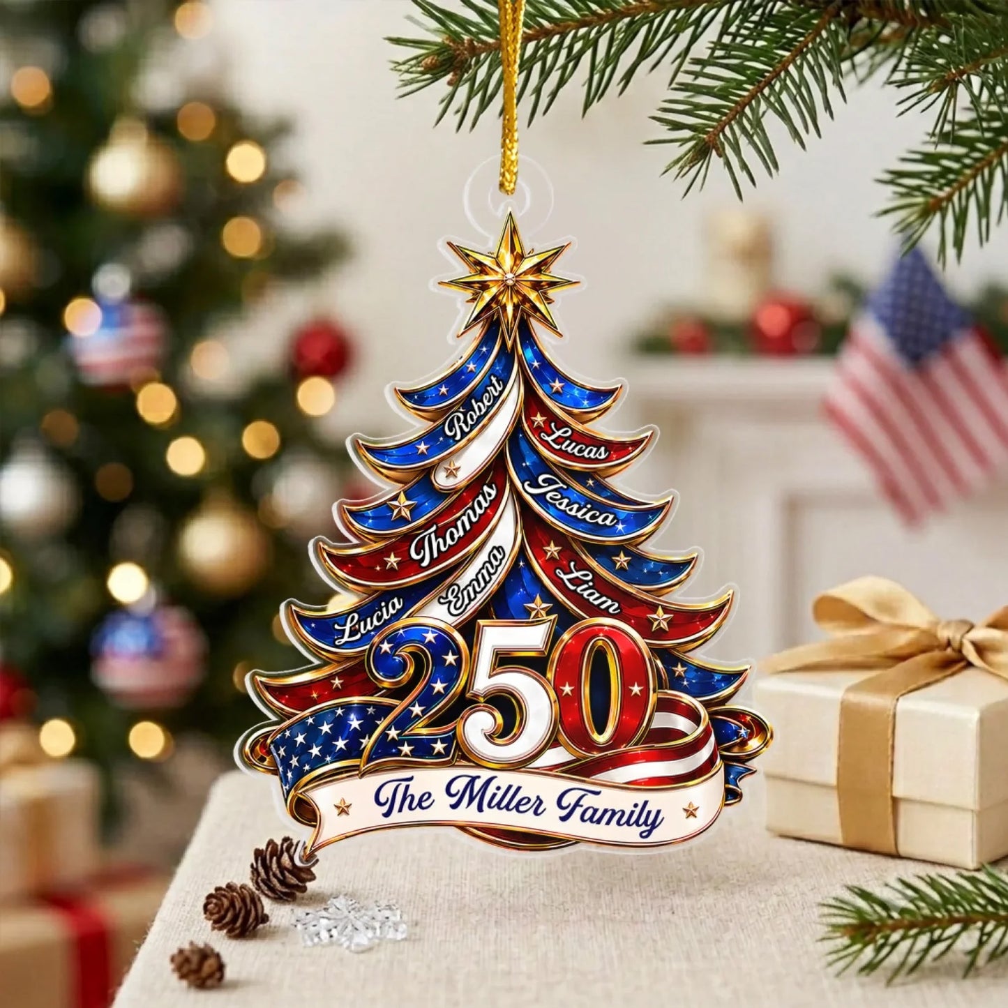 Personalized Christmas Tree 250 Years USA Acrylic Ornament, Custom Family Name Christmas Decor 685756