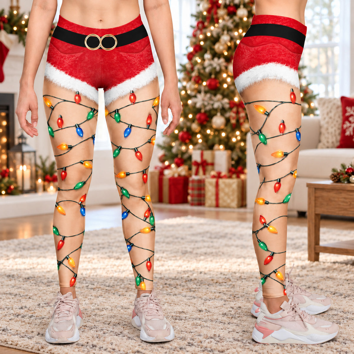 Christmas Lights Leggings for Women, Funny Santa Elf Holiday Leggings, Christmas Party Outfit 686536 WFD