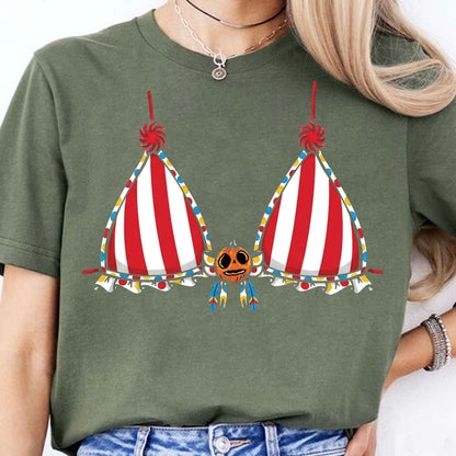 Funny Halloween Bikini Shirt, Spooky Pumpkin Bra Graphic Tee, Carnival Circus Halloween Gift 685915