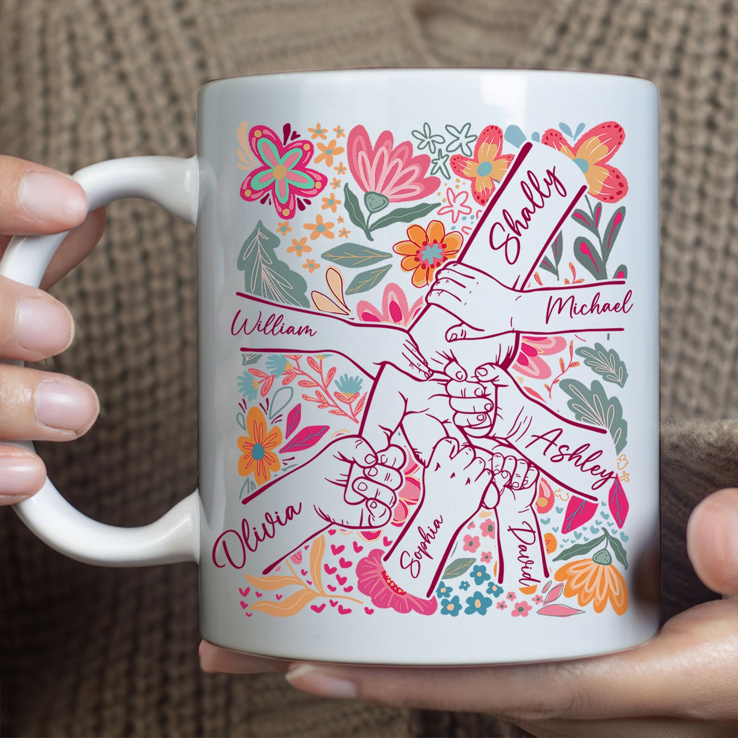 Personalized Mom Hands Flower Mug | Custom Kids Names White Mug Accent Mug | Mother’s Day Gift 684434