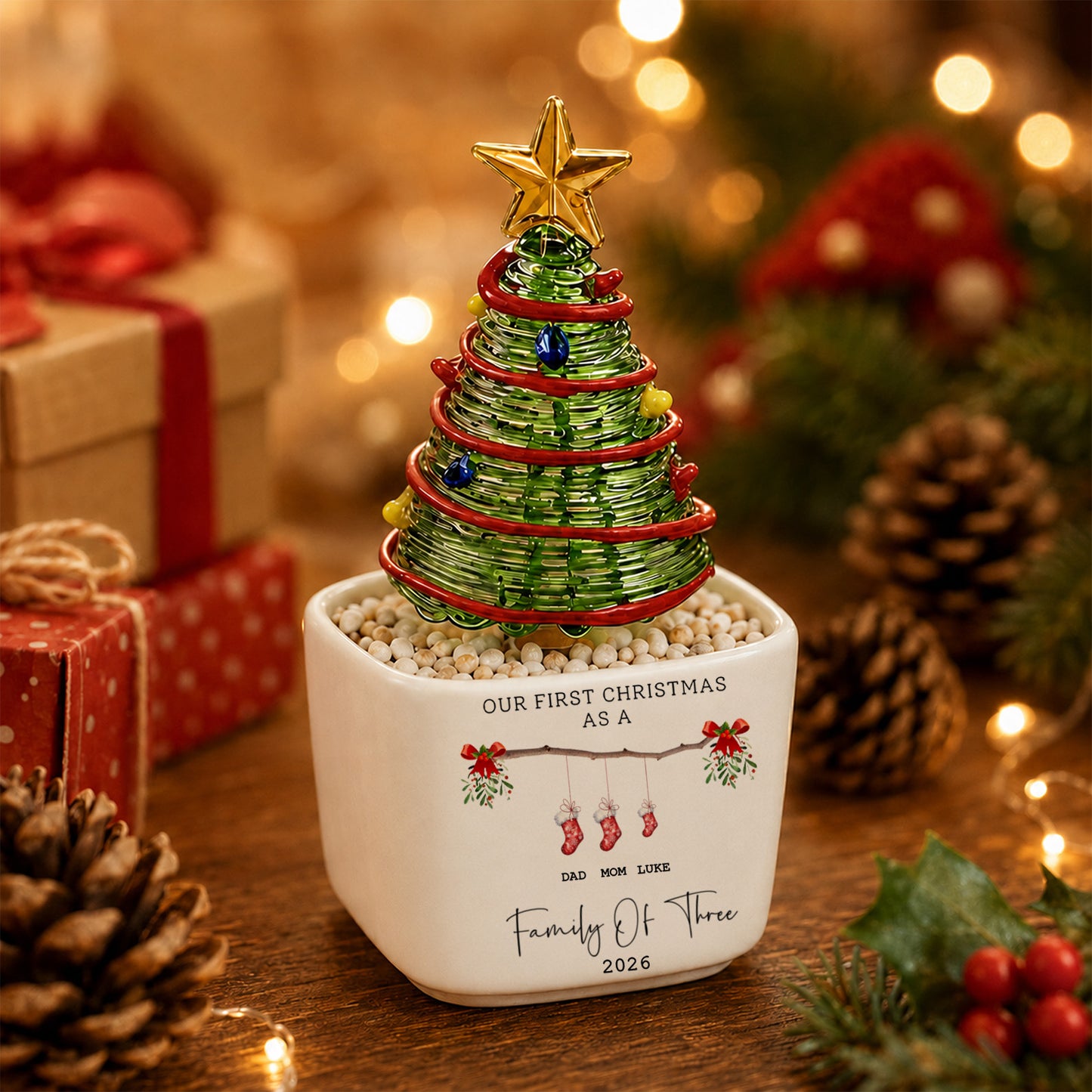 Personalized Family Ceramic Pot Christmas Tree, Custom Family Names Stocking Christmas Decor 685983