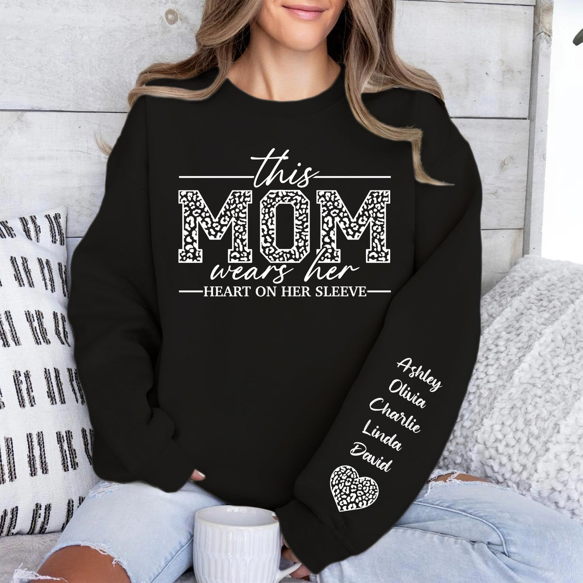 Custom Sweatshirt with Kids’ Names on Sleeve, I Wear My Heart on My Sleeve Personalized Name Sweater, Front & Left Sleeve Print 683983