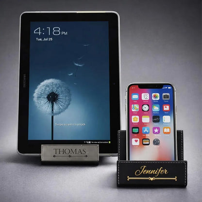 Personalized Leather Phone Stand, Engraved iPhone Holder for Desk, Custom Tablet Stand Gift 685575