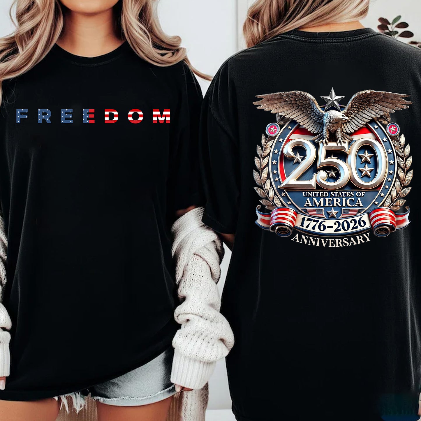 Freedom 250 Years Anniversary Dark Shirt | Patriotic 4th of July 1776–2026 Eagle US Flag Front & Back Shirt 684197