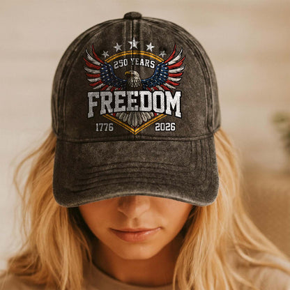 250 Years of Freedom Vintage Washed Denim Baseball Cap | Patriotic 1776–2026 Anniversary Hat 683696