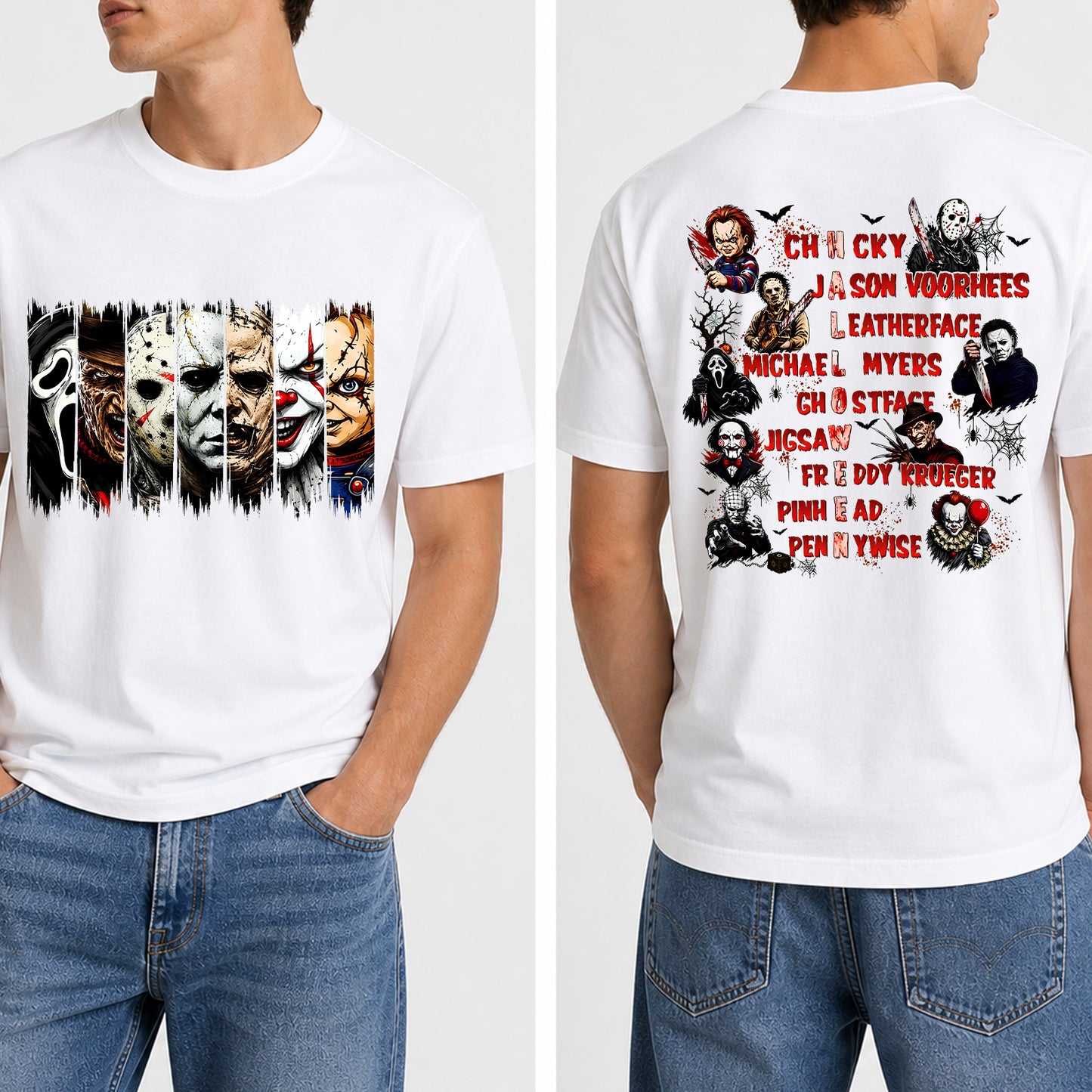Horror Characters Front & Back Shirt, Classic Slasher Movie Halloween T-Shirt, Spooky Horror Fan Tee 686006