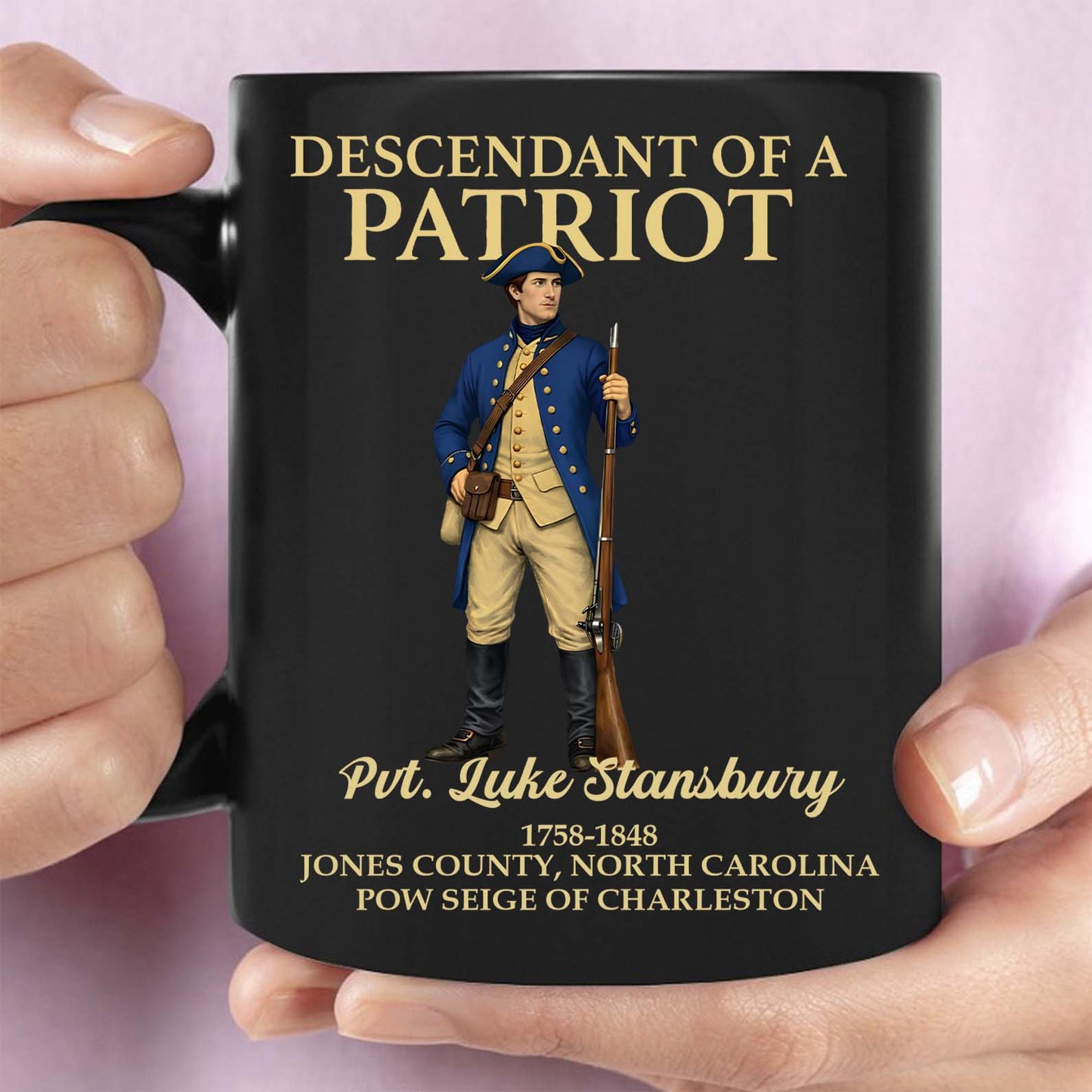 Custom Name Descendant of a Patriot Black Mug | Personalized DAR SAR Coffee Mug | 4th of July Gift 684383