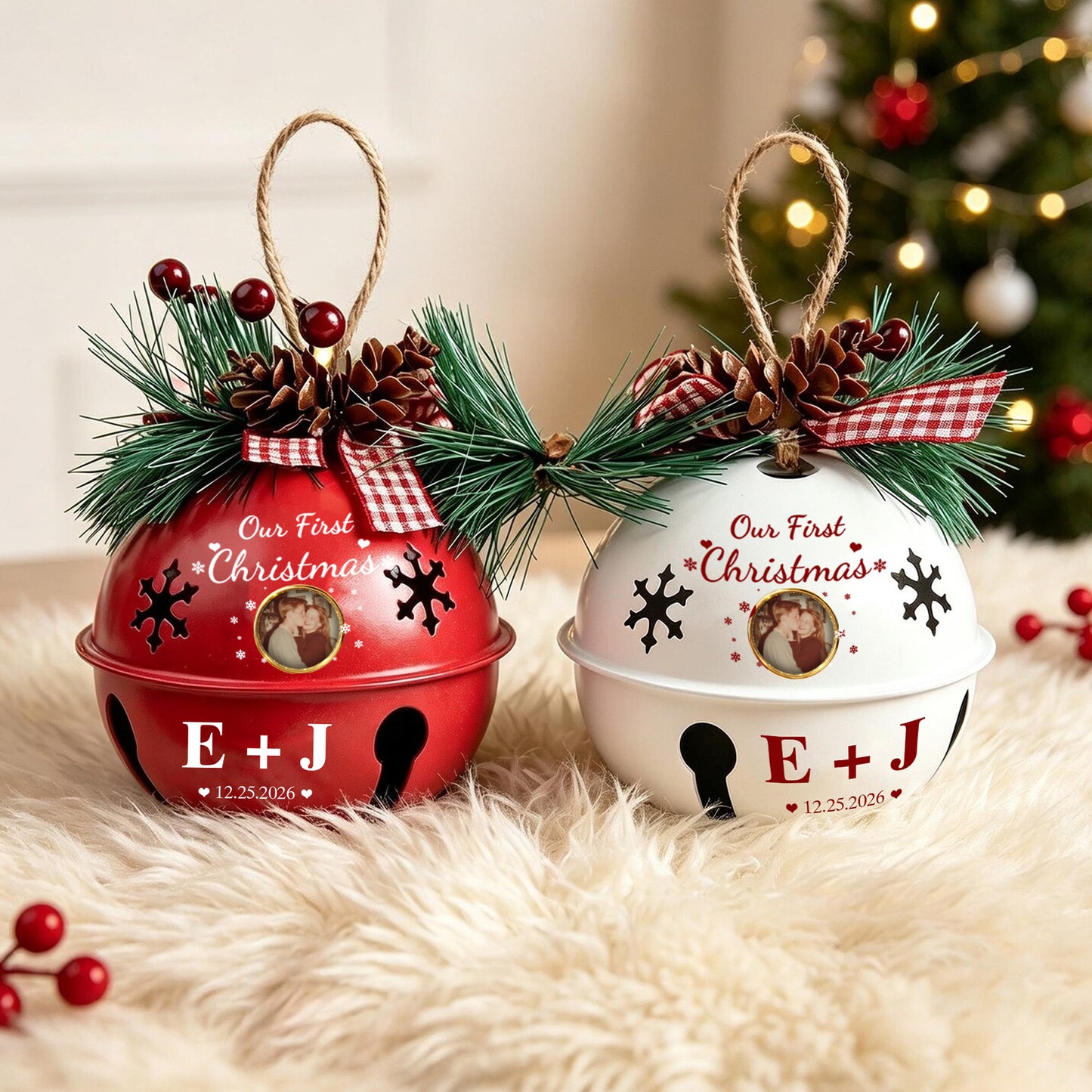 Personalized Our First Christmas Jingle Bell Ornament, Custom Photo Initials Couple Keepsake Gift 685903