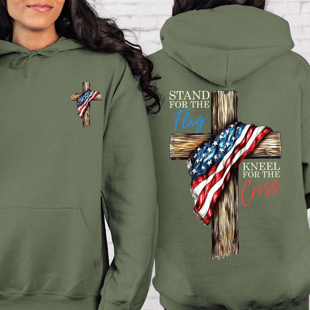 Stand For The Flag Kneel For The Cross Shirt | Patriotic Christian Tee | USA Flag Cross 4th of July Pocket & Back Shirt 683191