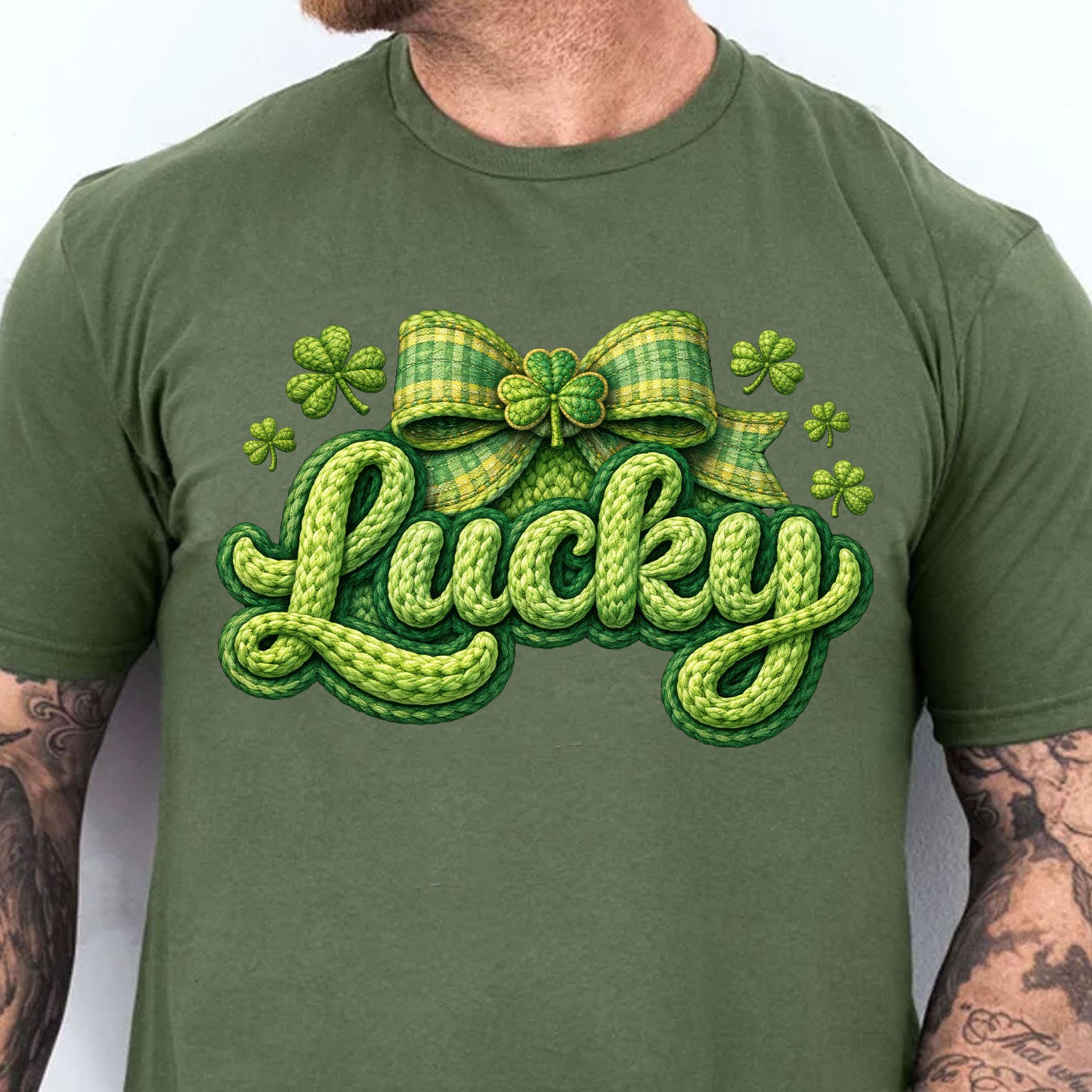 St. Patrick’s Day Lucky Shirt, Faux Yarn Patrick’s Day Tee, Latch Hook Yarn Lucky Faux Embroidery T-Shirt 684191