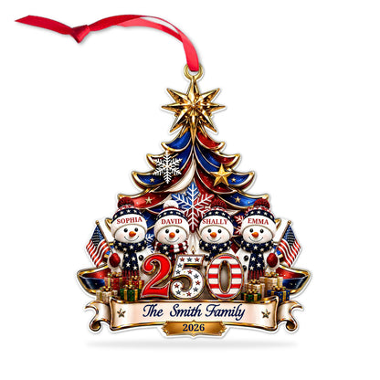 Personalized USA 250th Anniversary Snowman Family Acrylic Ornament, Patriotic Christmas Decor 685856