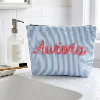 Personalized Seersucker Makeup Bag, Custom Name Travel Pouch, Beach Cosmetic Bag Gift for Her 684924