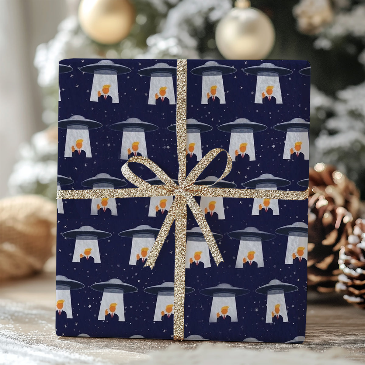 Funny Trump UFO Christmas Wrapping Paper, Alien Donald Trump Gift Wrap, Political Holiday Gift 686228