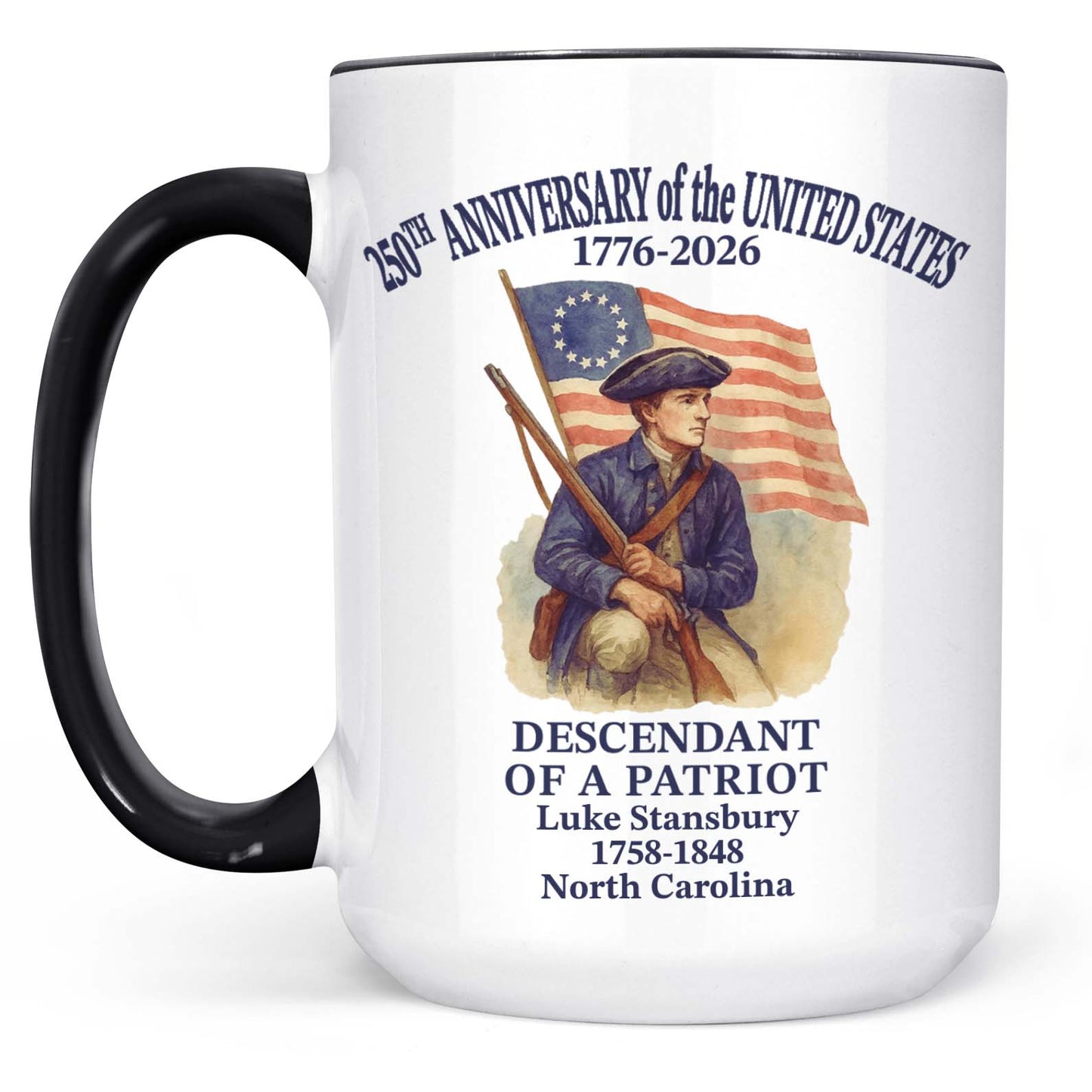 Personalized 250 Years of America Mug, Custom Name Descendant of a Patriot, 1776–2026 White Mug Accent Mug 684228