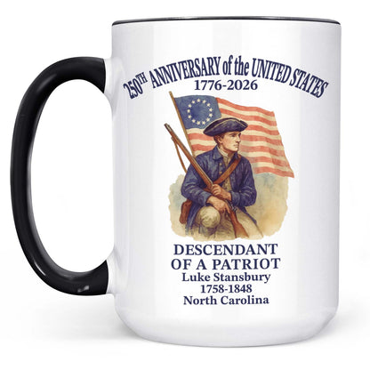 Personalized 250 Years of America Mug, Custom Name Descendant of a Patriot, 1776–2026 White Mug Accent Mug 684228