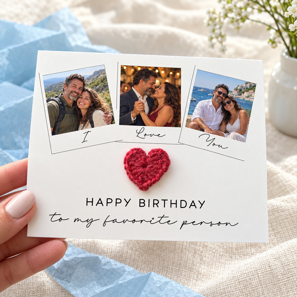 Custom Photo Birthday Card, Personalized Crochet Heart Card for Husband Wife, Boyfriend Girlfriend Gift 686857 WFD
