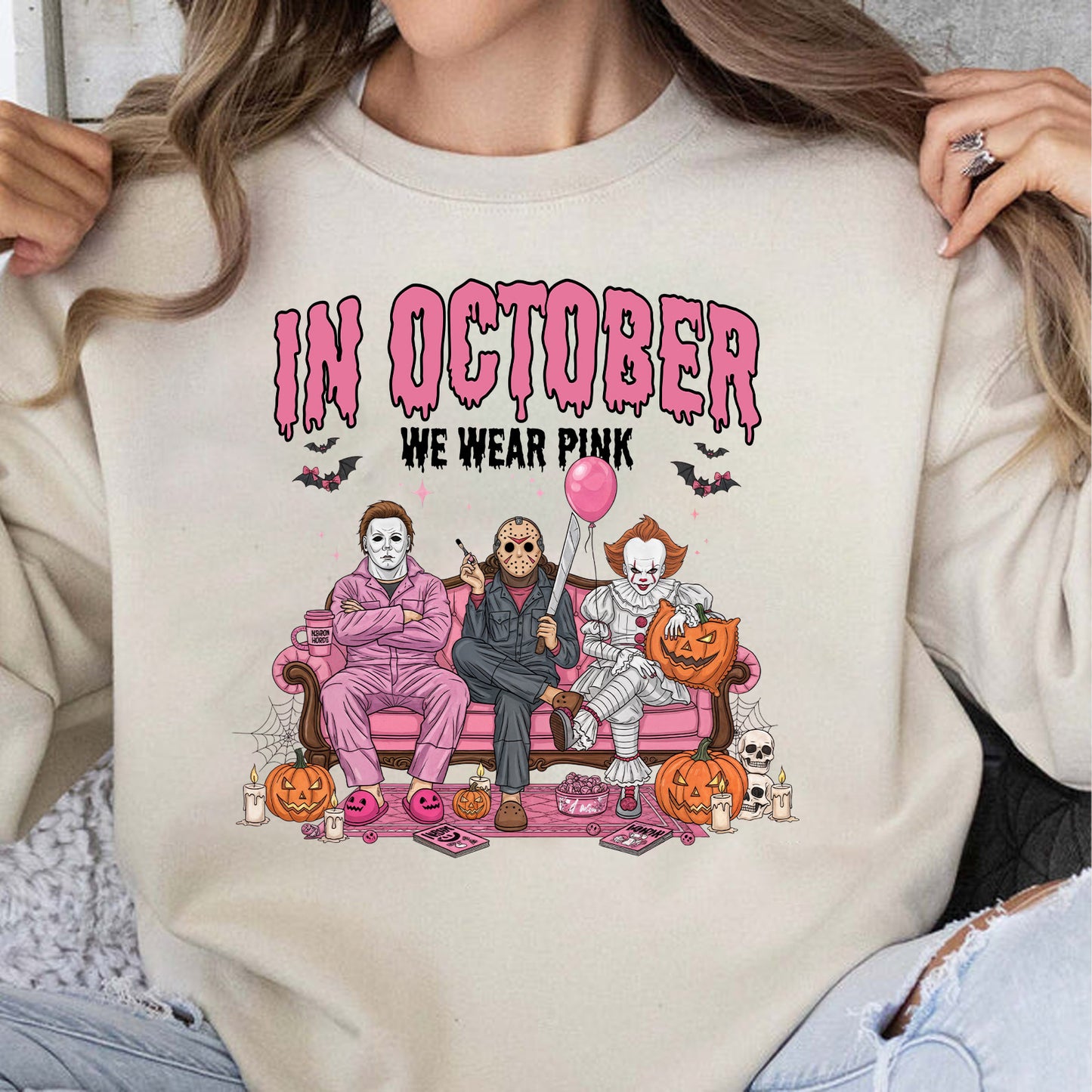In October We Wear Pink Shirt, Breast Cancer Awareness Tee, Horror Characters Halloween T-Shirt 683310