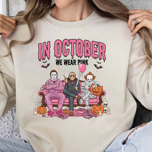 In October We Wear Pink Shirt, Breast Cancer Awareness Tee, Horror Characters Halloween T-Shirt 683310