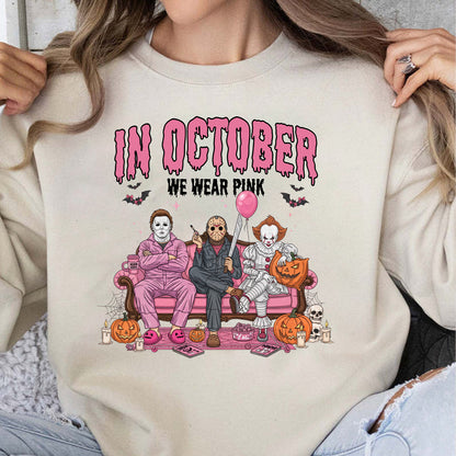 In October We Wear Pink Shirt, Breast Cancer Awareness Tee, Horror Characters Halloween T-Shirt 683310