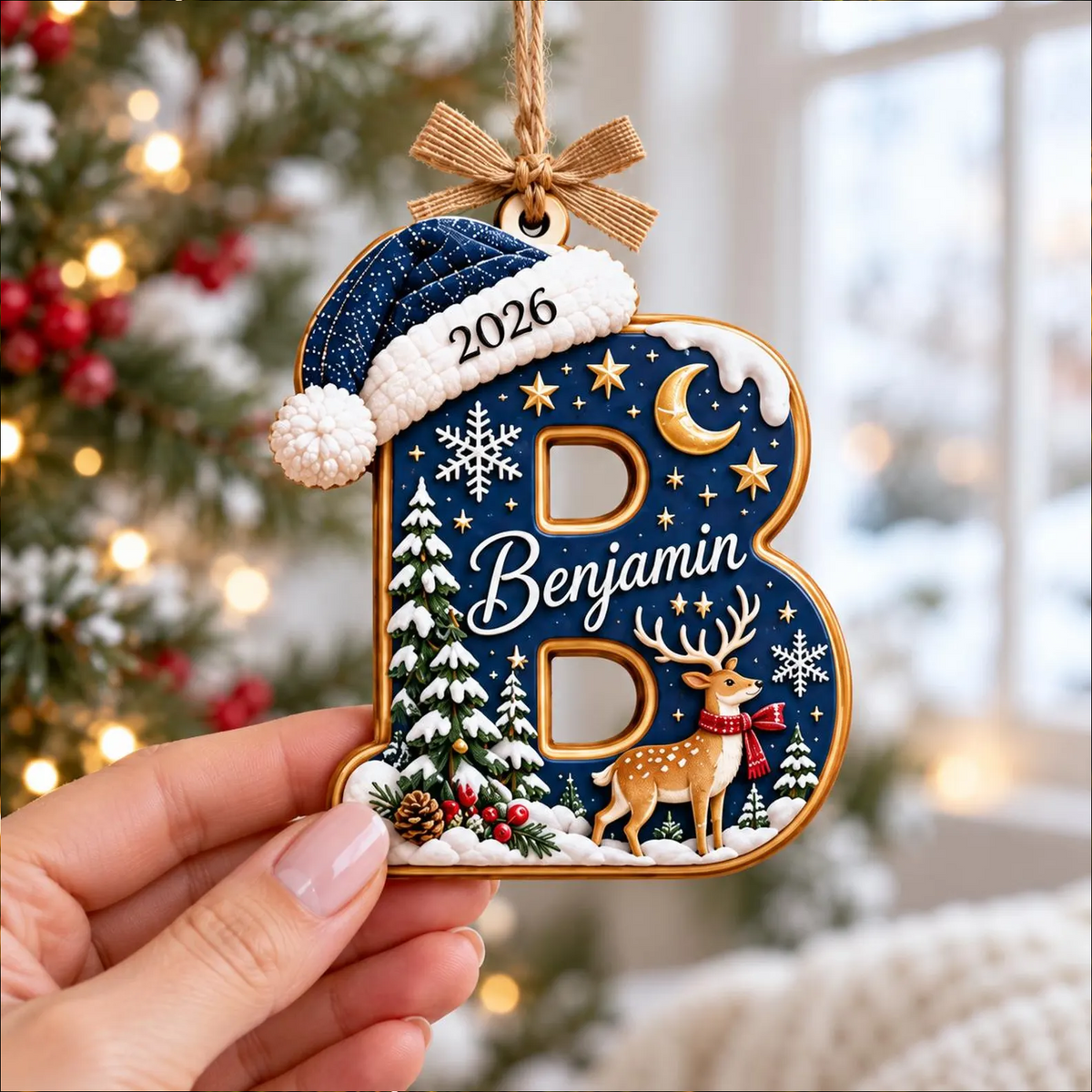 Personalized Initial Christmas Wooden Ornament, Custom Name Letter Ornament with Santa Hat, Kids Family Gift 686981 WFD