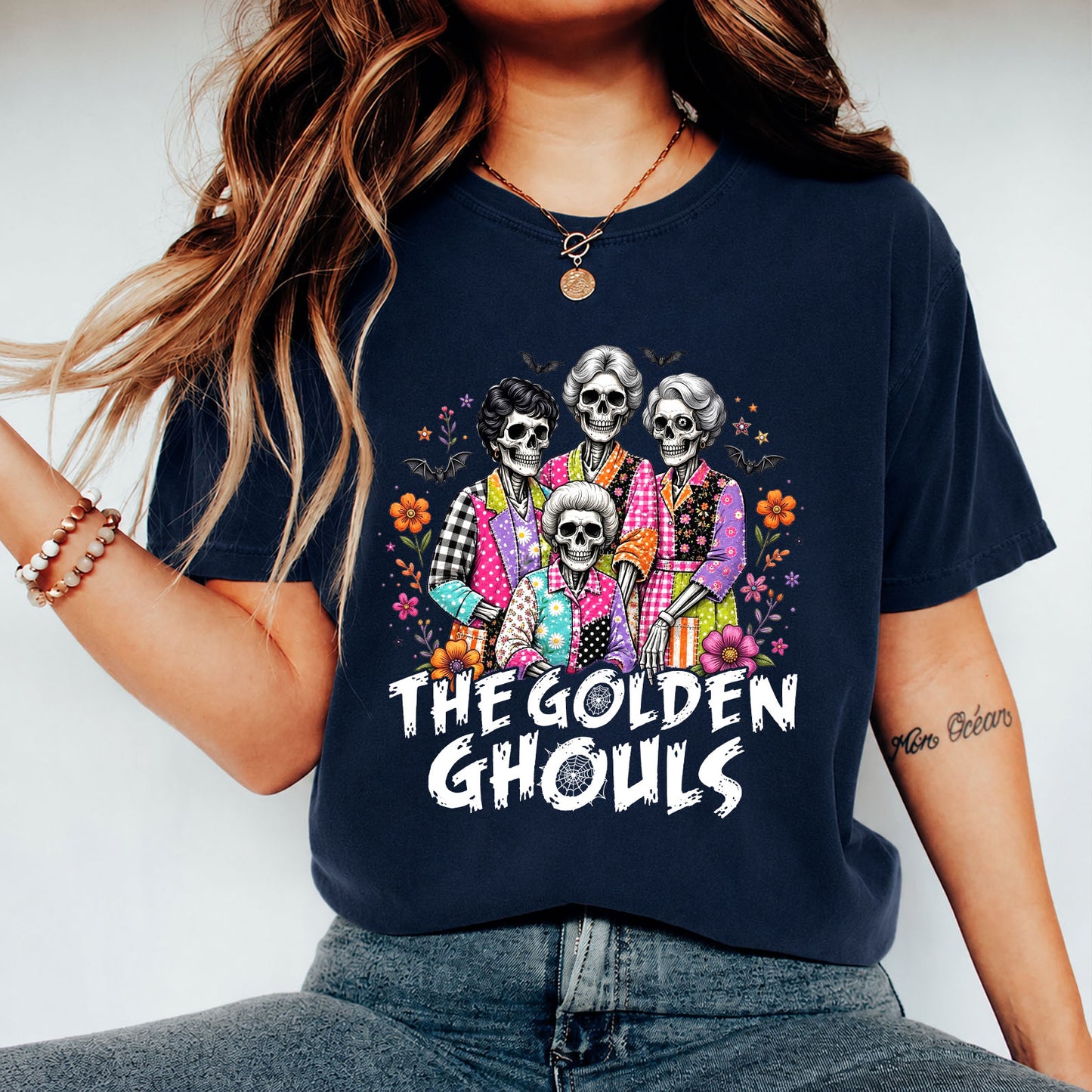Preppy Halloween Friends Shirt, Golden Ghouls Skeleton Ladies Tee, Girly Spooky Squad Halloween Shirt 685868