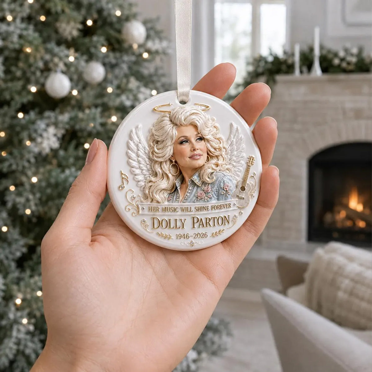 Dolly Parton Angel 3D Relief White Acrylic Ornament, Country Music Legend Memorial Christmas Ornament 686143 WFD