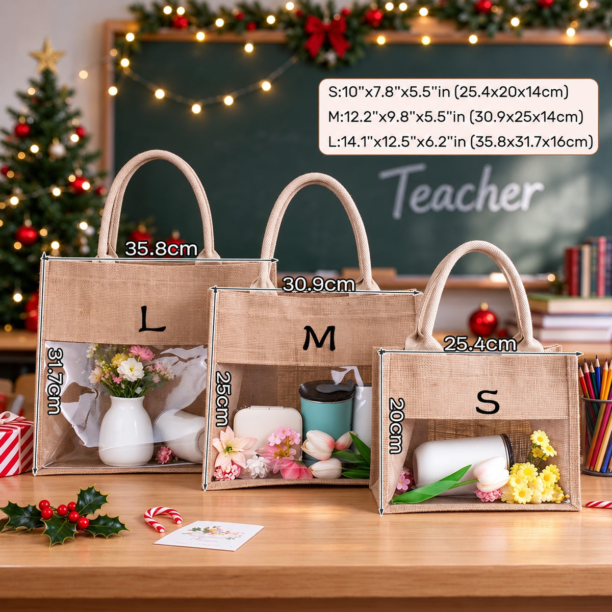 Personalized Teacher Christmas Tote Bag, Custom Name Jute Gift Bag, Christmas Teacher Appreciation Gift 686758 WFD