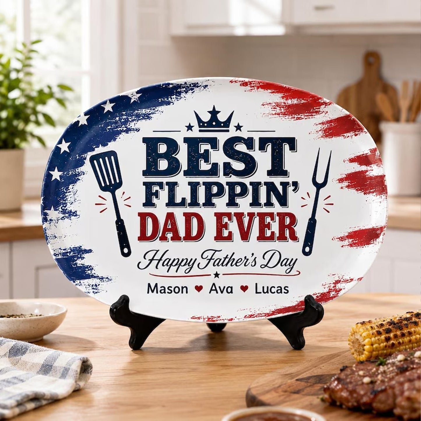 Personalized Best Flippin Dad Ever Grilling Plate, Custom Patriotic BBQ Platter Gift for Dad, Father's Day Gift 685147