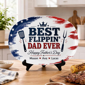 Personalized Best Flippin Dad Ever Grilling Plate, Custom Patriotic BBQ Platter Gift for Dad, Father's Day Gift 685147