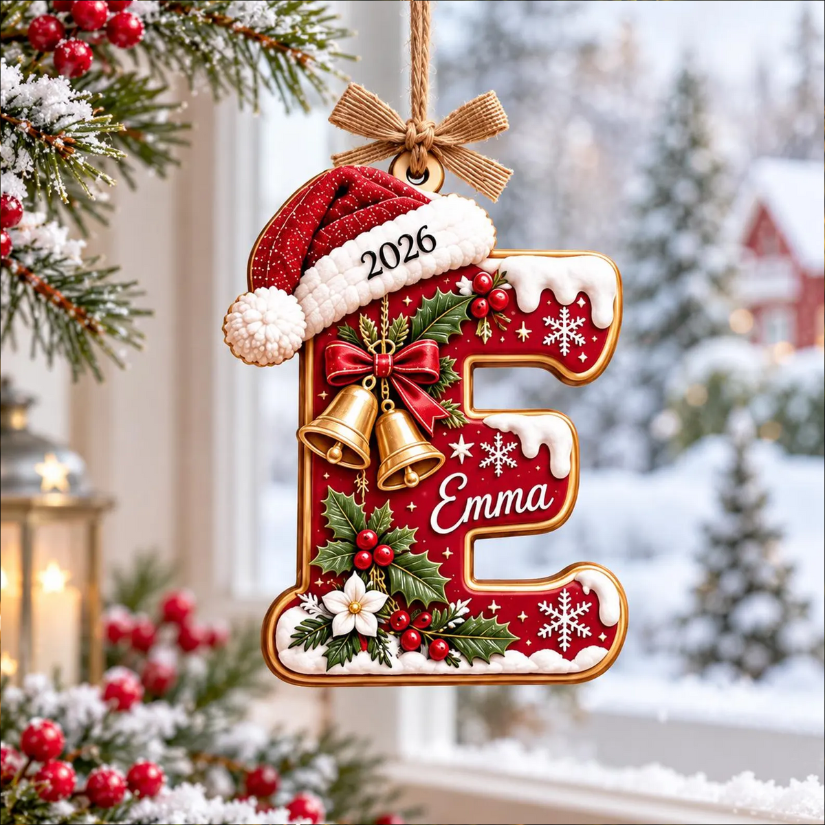 Personalized Initial Christmas Wooden Ornament, Custom Name Letter Ornament with Santa Hat, Kids Family Gift 686981 WFD