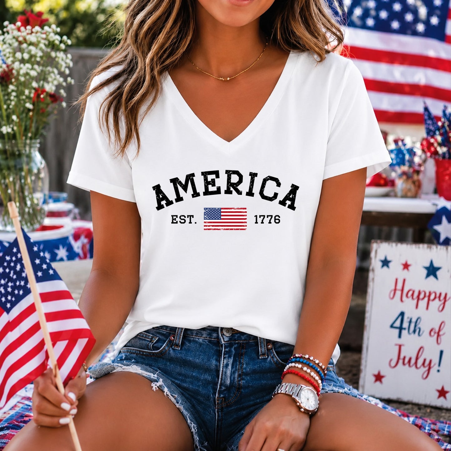 250 Years America V-Neck Shirt, America Est 1776 Patriotic Tee, Minimal USA Flag 4th of July Shirt 685296