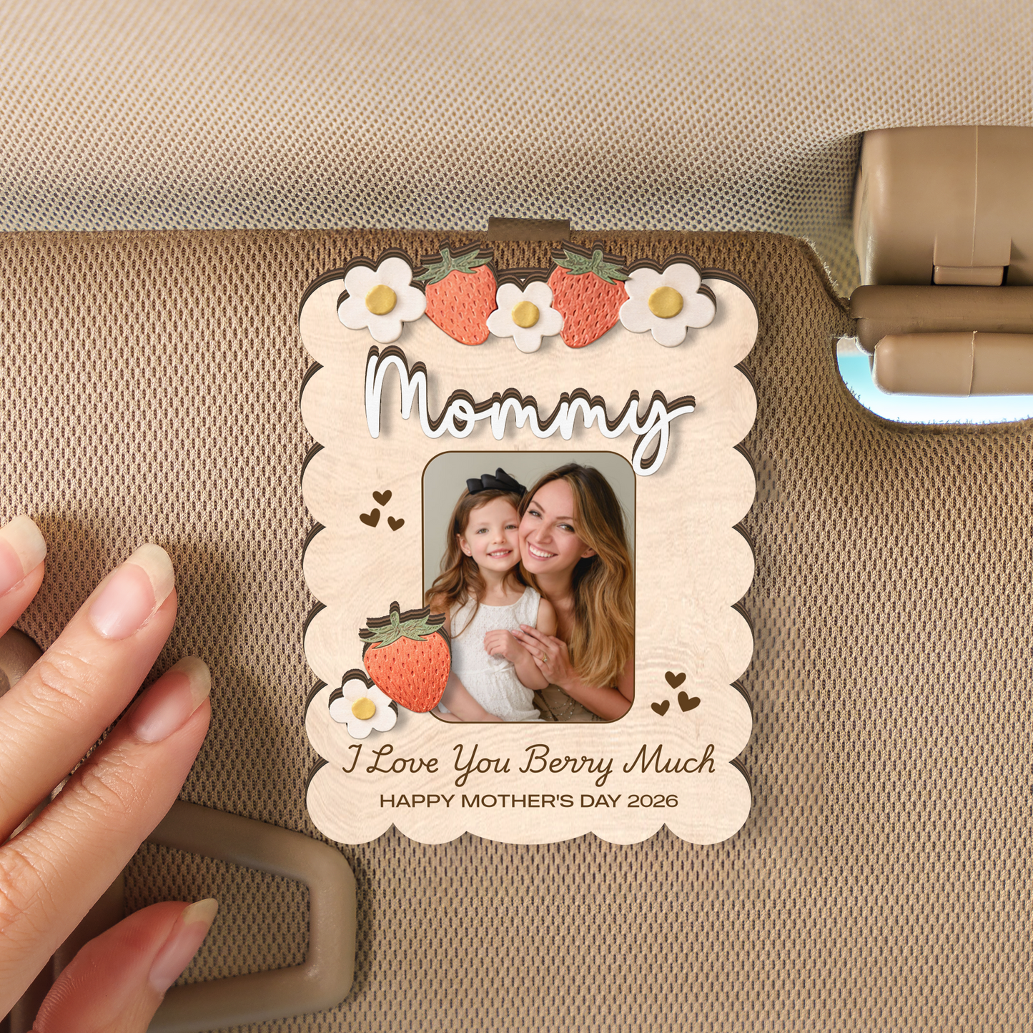 Personalized Photo Car Visor Clip, Custom Mom Wood Visor, Strawberry Gift for Grandma, Mothers Day Gift 684719