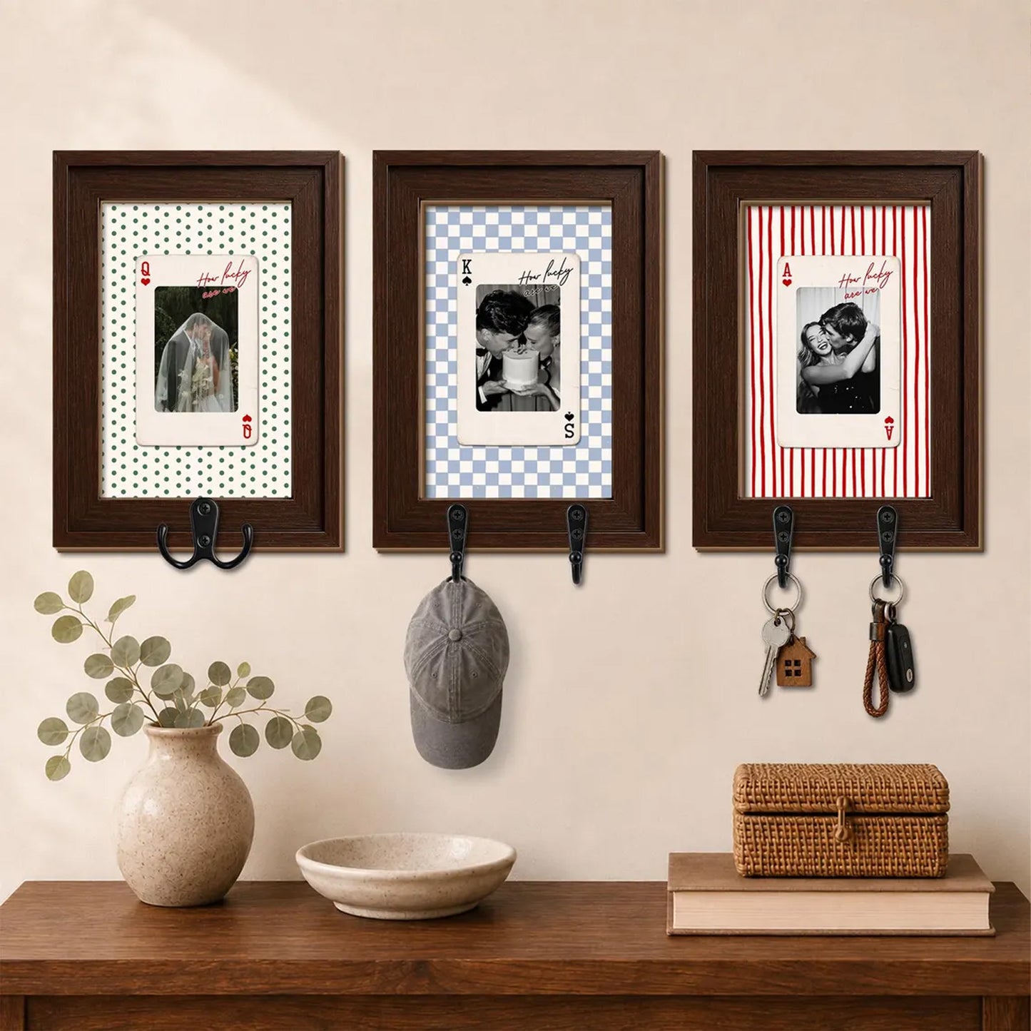 Custom Photo Striped Wooden Key Holder, Personalized Couple Playing Card Key Hook, Anniversary Gift 686079 WFD