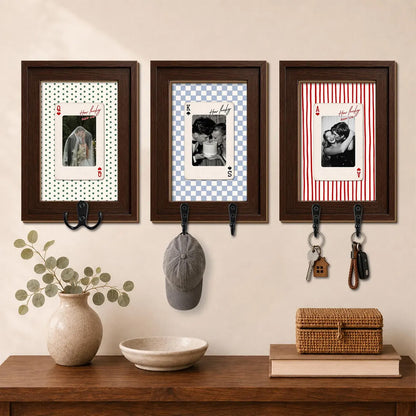 Custom Photo Striped Wooden Key Holder, Personalized Couple Playing Card Key Hook, Anniversary Gift 686079 WFD