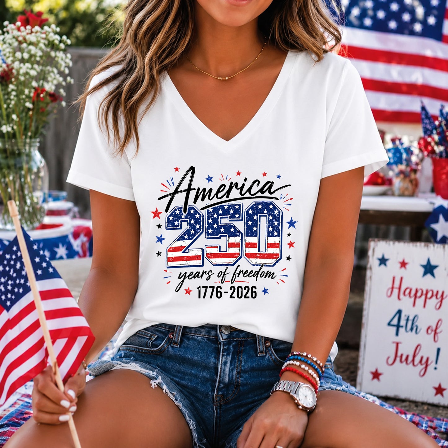 250 Years of America V-Neck Shirt, USA 1776-2026 Patriotic Flag Tee, Women's Independence Day Shirt 685276