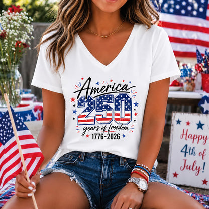 250 Years of America V-Neck Shirt, USA 1776-2026 Patriotic Flag Tee, Women's Independence Day Shirt 685276