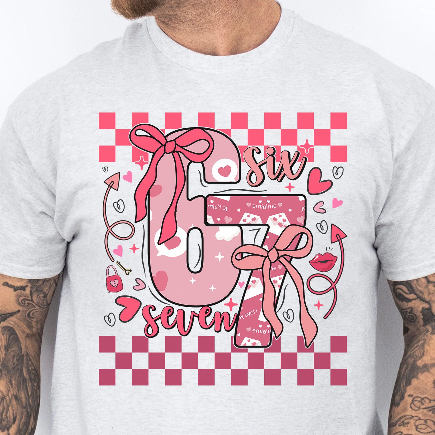 Coquette Valentine 67 Six Seven Sweatshirt, Preppy Heart Bow Valentine Shirt, Cute Pink Red Checkered Hearts Tee 683926