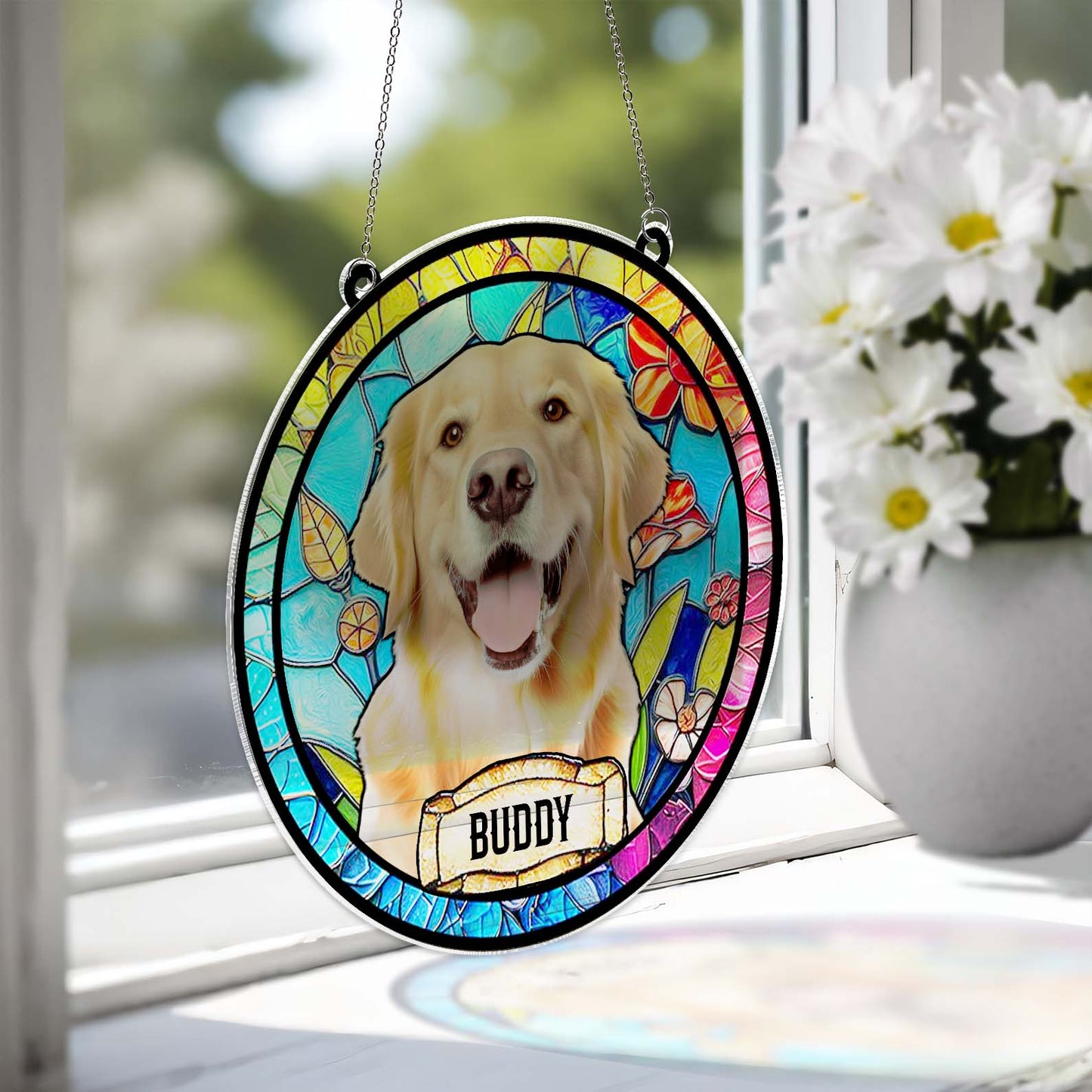 Personalized Dog Portrait Stained Glass Suncatcher, Custom Pet Memorial Suncatcher, Gift for Dog Lovers 685466