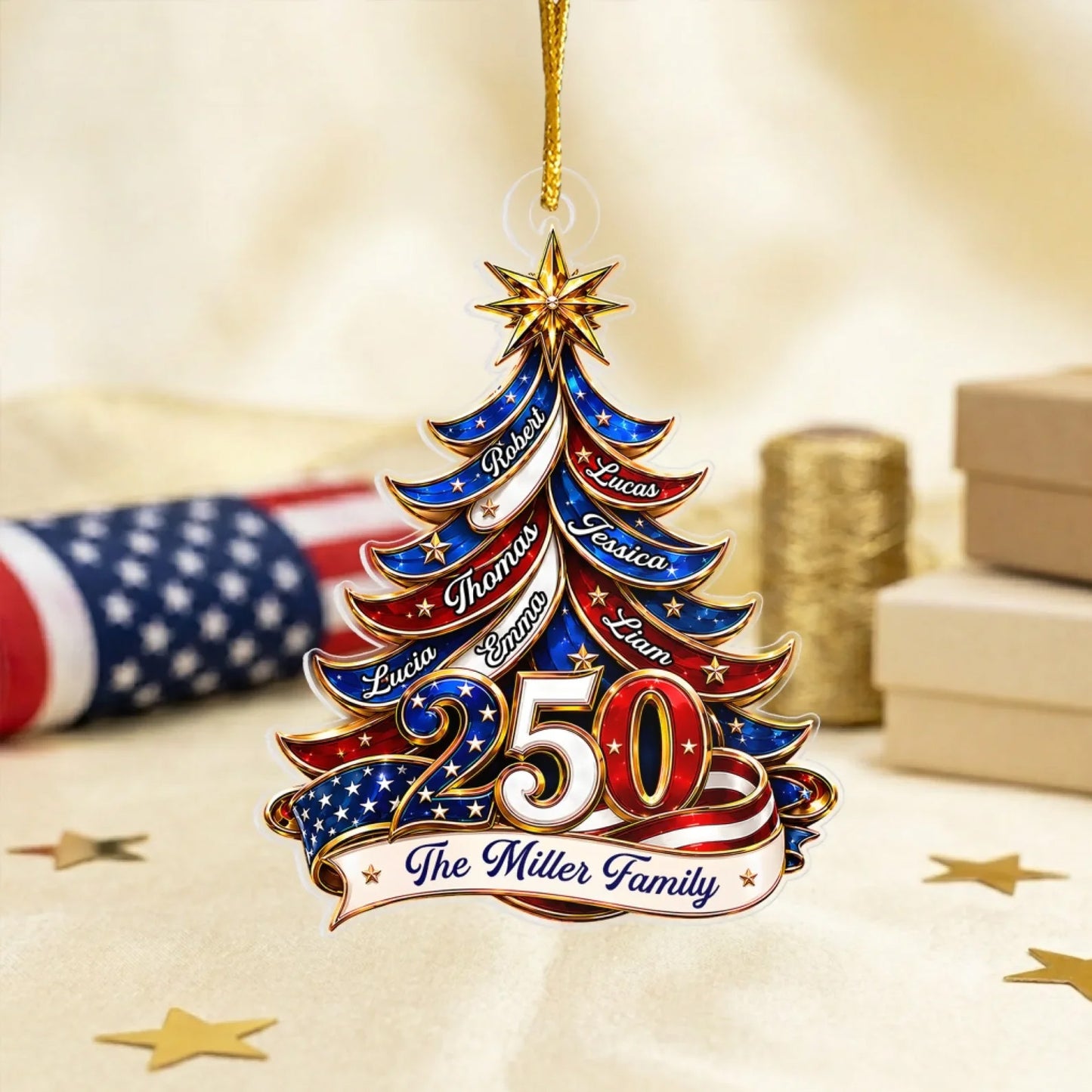 Personalized Christmas Tree 250 Years USA Acrylic Ornament, Custom Family Name Christmas Decor 685756