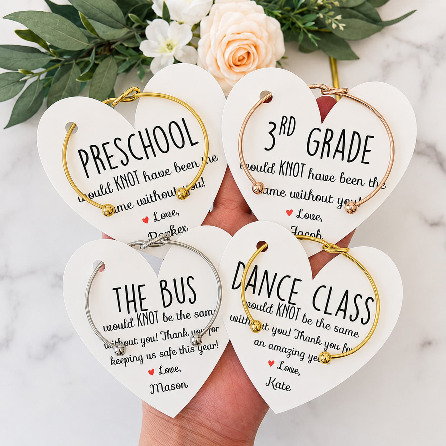 Personalized Teacher Knot Bangle, End of Year Teacher Appreciation Gift, Custom Heart Card Bracelet 685807 WFD