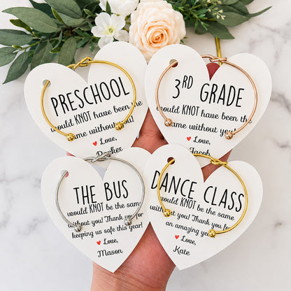 Personalized Teacher Knot Bangle, End of Year Teacher Appreciation Gift, Custom Heart Card Bracelet 685807 WFD