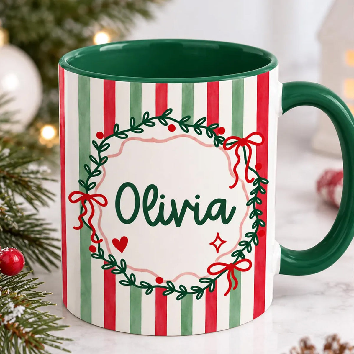 Personalized Christmas Coffee Mug, Custom Name Ceramic Mug, Red & Green Striped Christmas Cup 686808 WFD