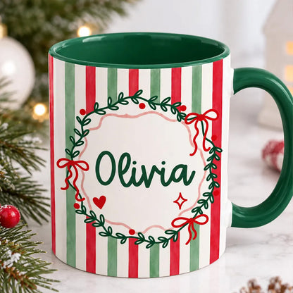 Personalized Christmas Coffee Mug, Custom Name Ceramic Mug, Red & Green Striped Christmas Cup 686808 WFD