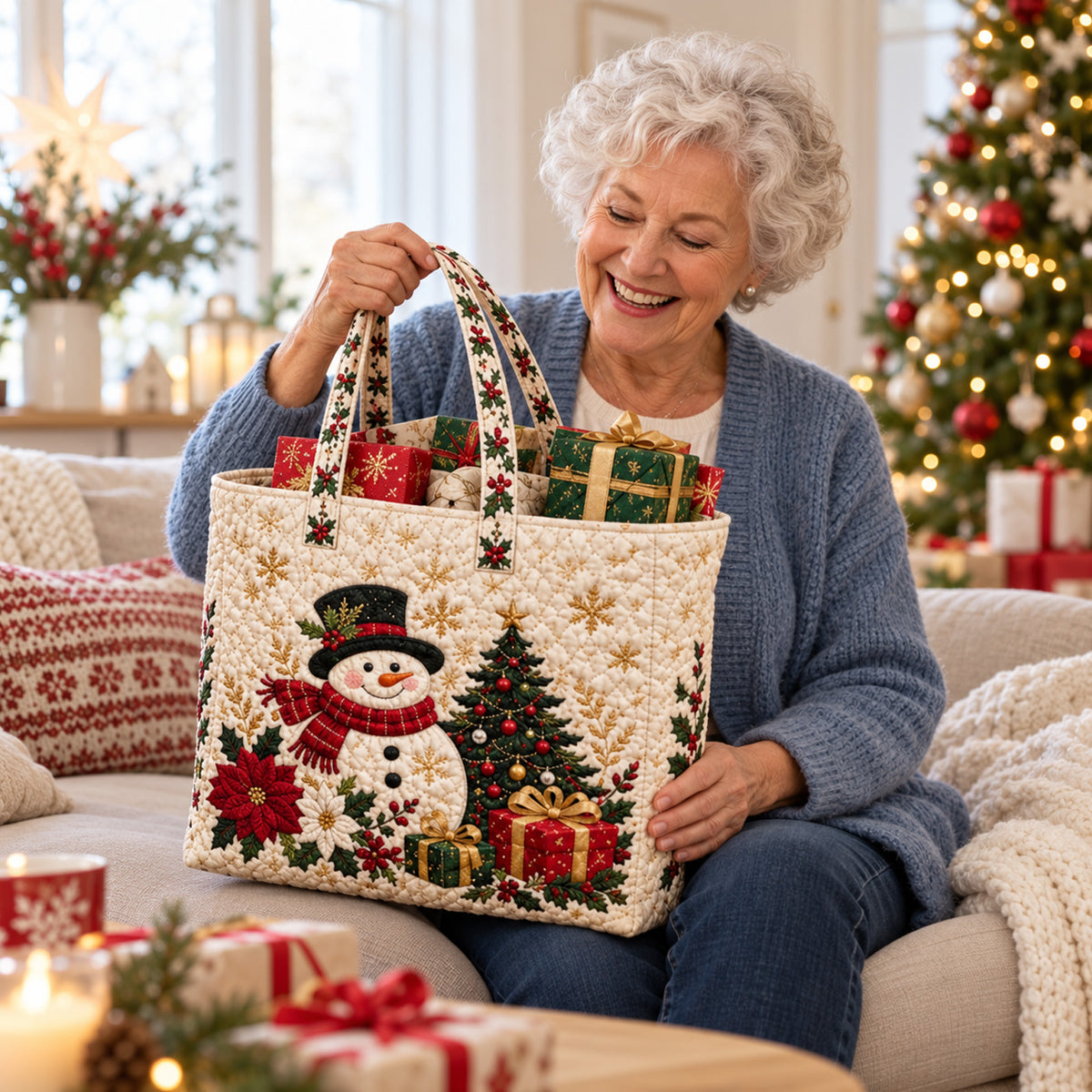 Christmas Quilted Tote Bag, Snowman & Christmas Tree Holiday Handbag, Festive Gift for Mom, Grandma 686748 WFD