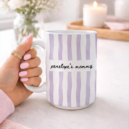 Personalized New Mom Mug, Custom Name Stripe Coffee Cup, First Time Mom Gift, White Mug Accent Mug 684792