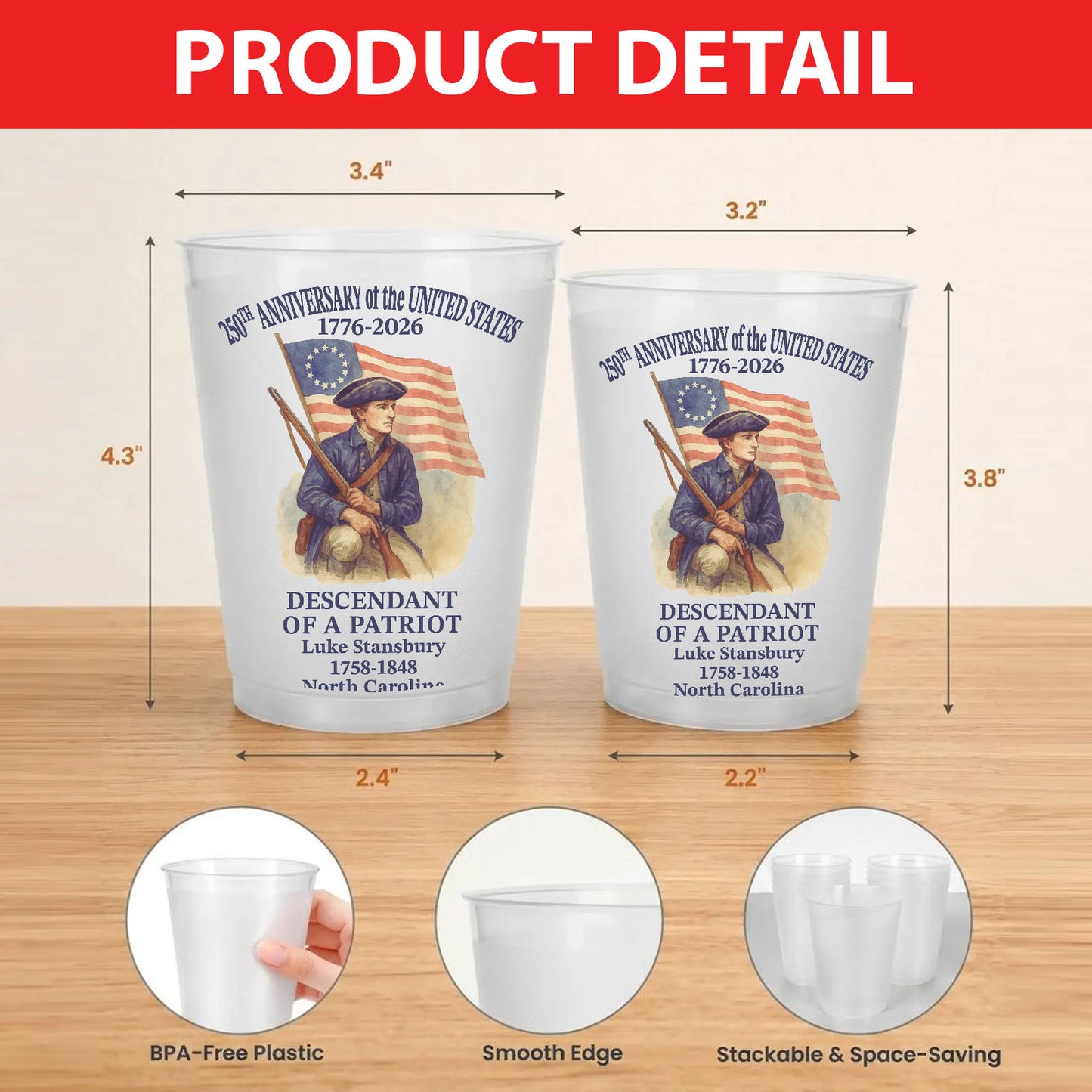 Personalized 250 Years of America Frosted Cups, Custom Name Descendant of a Patriot  Party Cups 684883